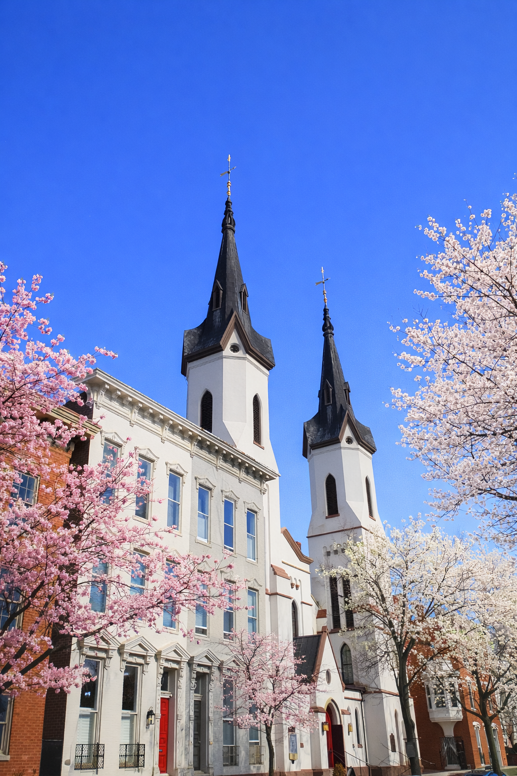 A church with two tall steeples, surrounded by cherry blossom trees, under a clear blue sky.