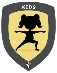 A shield-shaped emblem with a black border, a yellow background, and a gray top banner that says 'KIDS'. Inside, a black silhouette of a girl with pigtails.