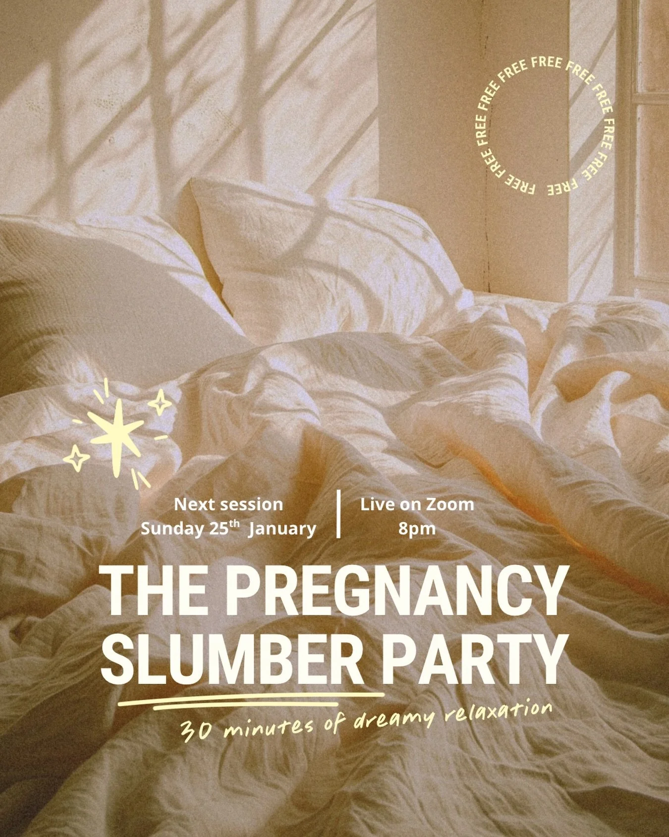 💤 SLUMBER PARTIES ARE BACK 💤

Pregnant? Tired? Need a little time for you? 
Consider this my gift! 🎁 

I&rsquo;m hosting a Pregnancy Slumber Party every month live on zoom and you&rsquo;re invited.

This is a cosy Sunday wind-down for pregnant wom