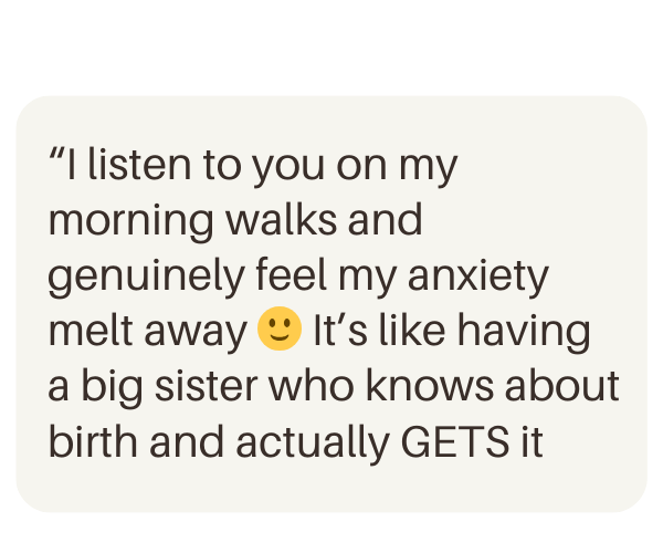 A text message or review expressing gratitude to Aimee, feeling anxiety melt away during morning walks, comparing a Aimee to a supportive sister to someone knowledgeable about birth.