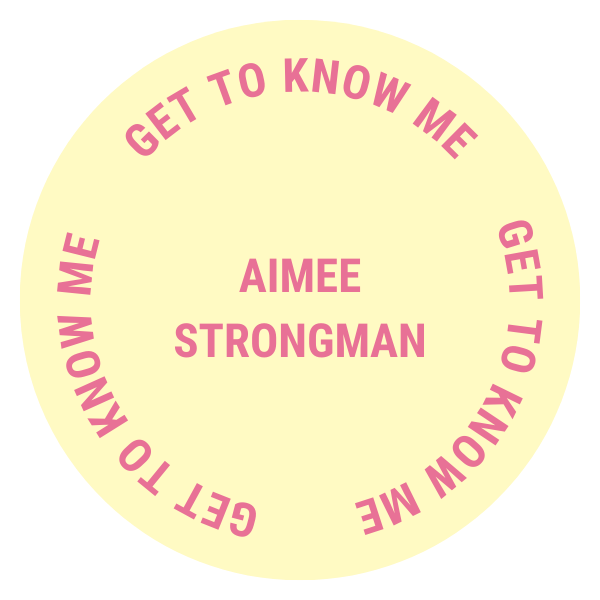 A circular badge with a pale yellow background and pink text. The outer ring says "GET TO KNOW ME" repeated twice. The center displays the name "AIMEE STRONGMAN" in bold uppercase letters.