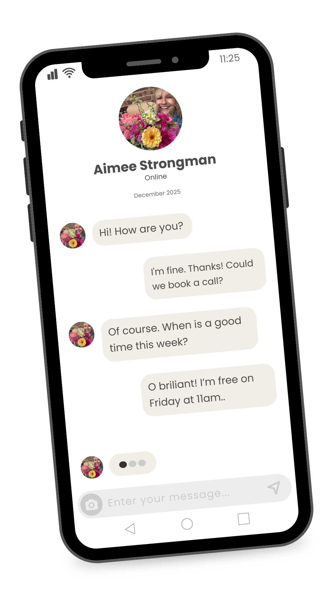 Mobile phone screen mock up displaying a messaging app conversation between two people, with one profile picture showing Aimee Strongman holding a bouquet of colorful flowers, and the conversation about scheduling a call.