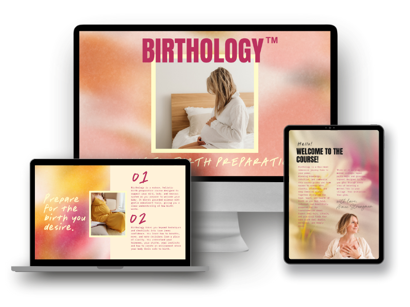 Multiple digital screen mock up displaying Birthology™. The screens show images of a pregnant woman, offers content, and welcoming messages.
