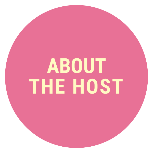 Pink circle with cream-colored text that reads "About the Host" for The Pregnancy Playbook Podcast featuring Aimee Strongman