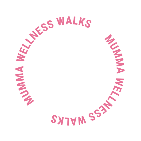 Pink text arranged in a circle reads "Mumua Wellness Walks".