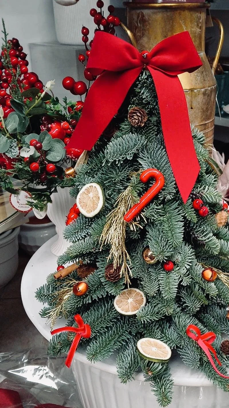 Mini albero di Natale decorato con rami di pino, bacche rosse, limoni secchi, bastoncini di zucchero rossi, nastri rossi e una pigna, con un grande fiocco rosso sulla cima.