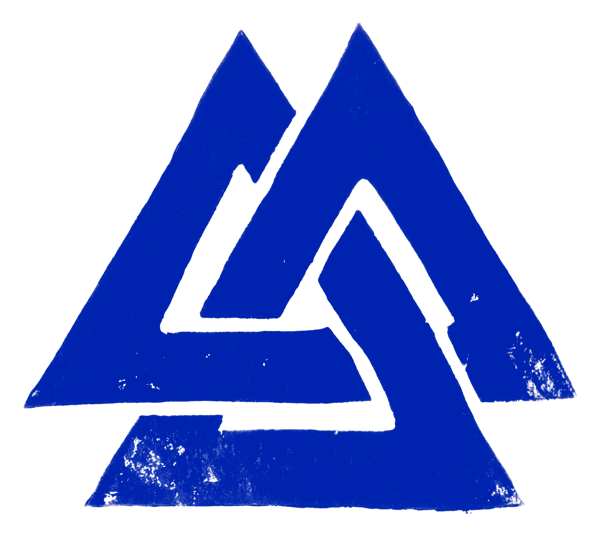 Blaue, abstracte geometrische Form mit Spitzen und scharfen Kanten, auf schwarzem Hintergrund, mit Spritzern und Streifen im unteren Bereich.