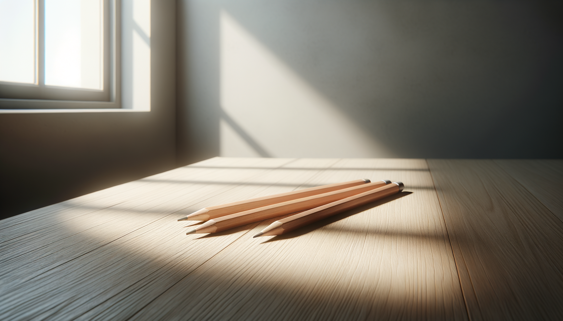 Three wooden pencils on a light-colored wooden table near a window with sunlight and shadows.