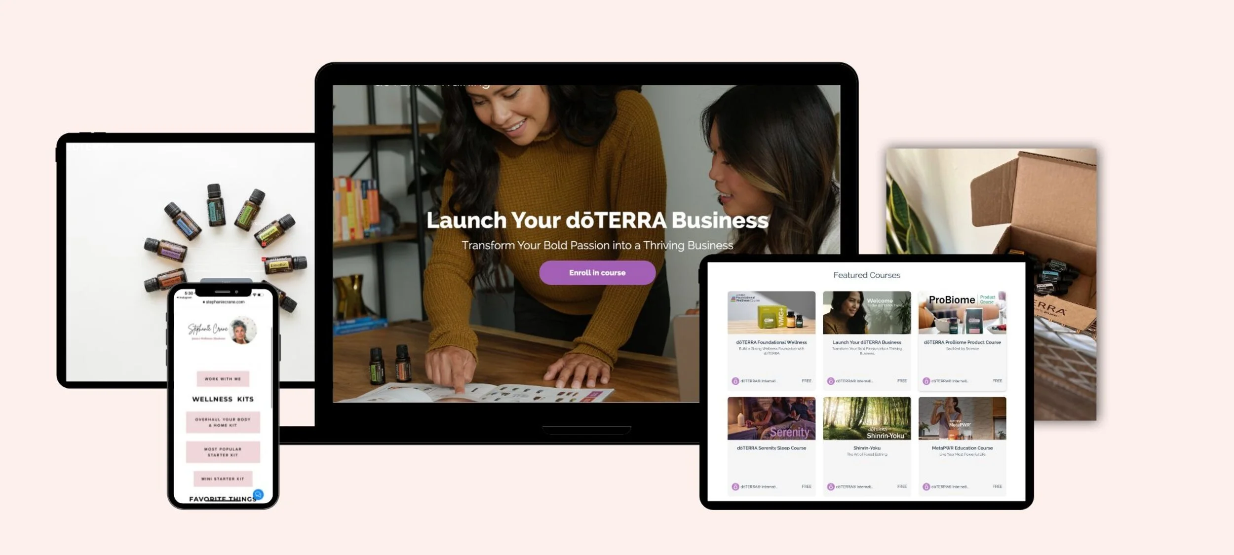 Multiple devices displaying wellness business training resources, templates, and doterra educational tools.