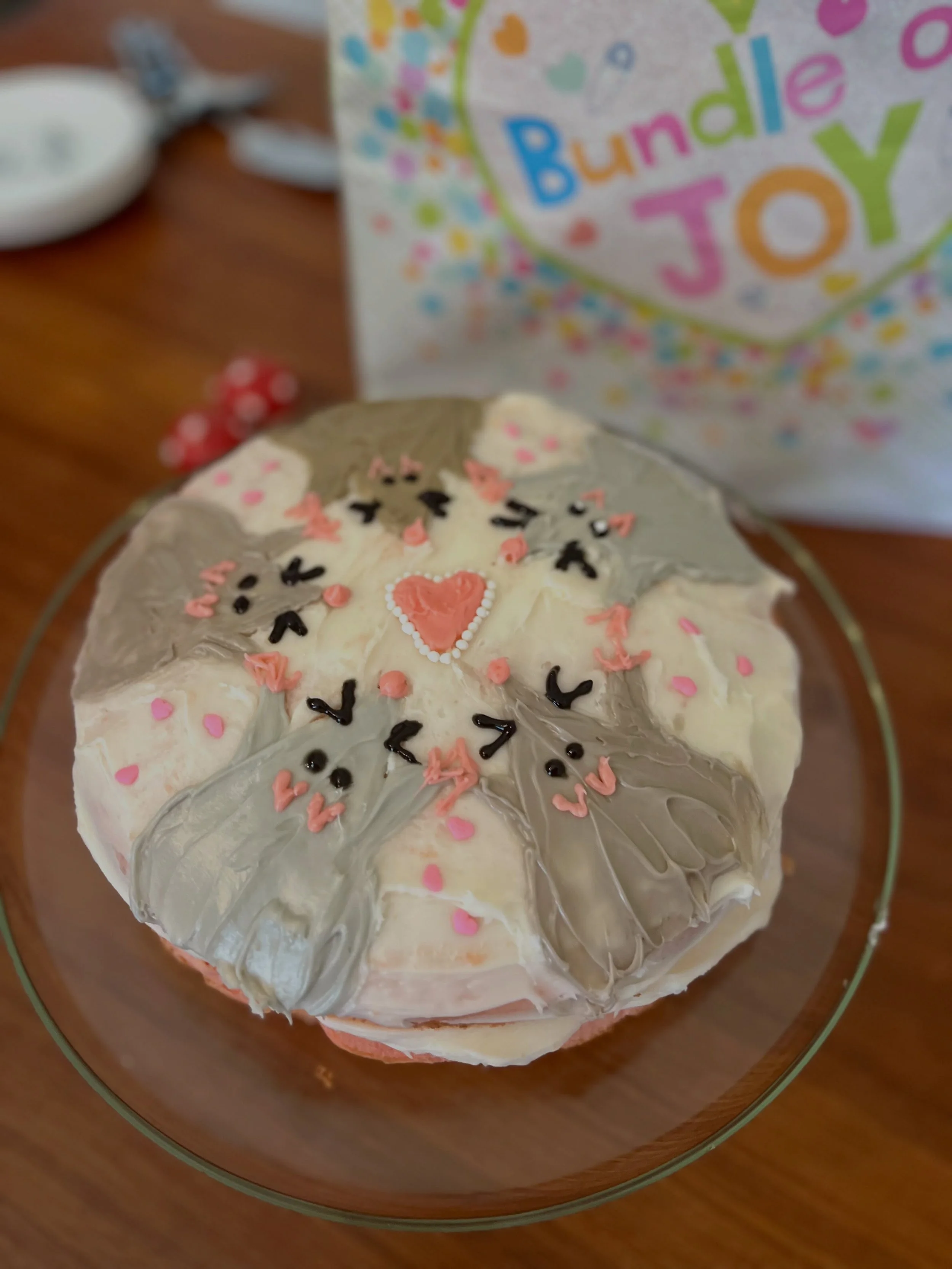 Rat cake.

Our family birthday tradition is cake for breakfast.
Willa Blue turned 22 and that means an epic rat cake and a gift in a baby shower bag. 🐁🍰