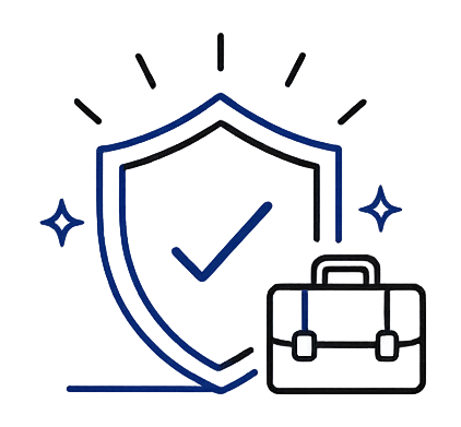 Illustration of a security shield with a checkmark, a briefcase, and star icons representing security and business protection.
