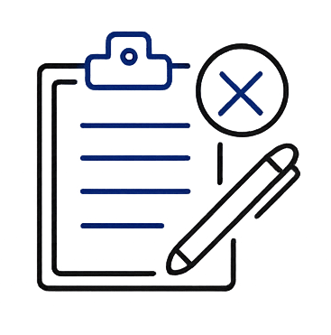 A clipboard with a document, a pen, and a large X mark, indicating a canceled or rejected form or note.