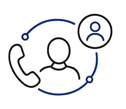 Graphic illustration of a person on a phone, connected to another person via a circular link, representing communication or a call.