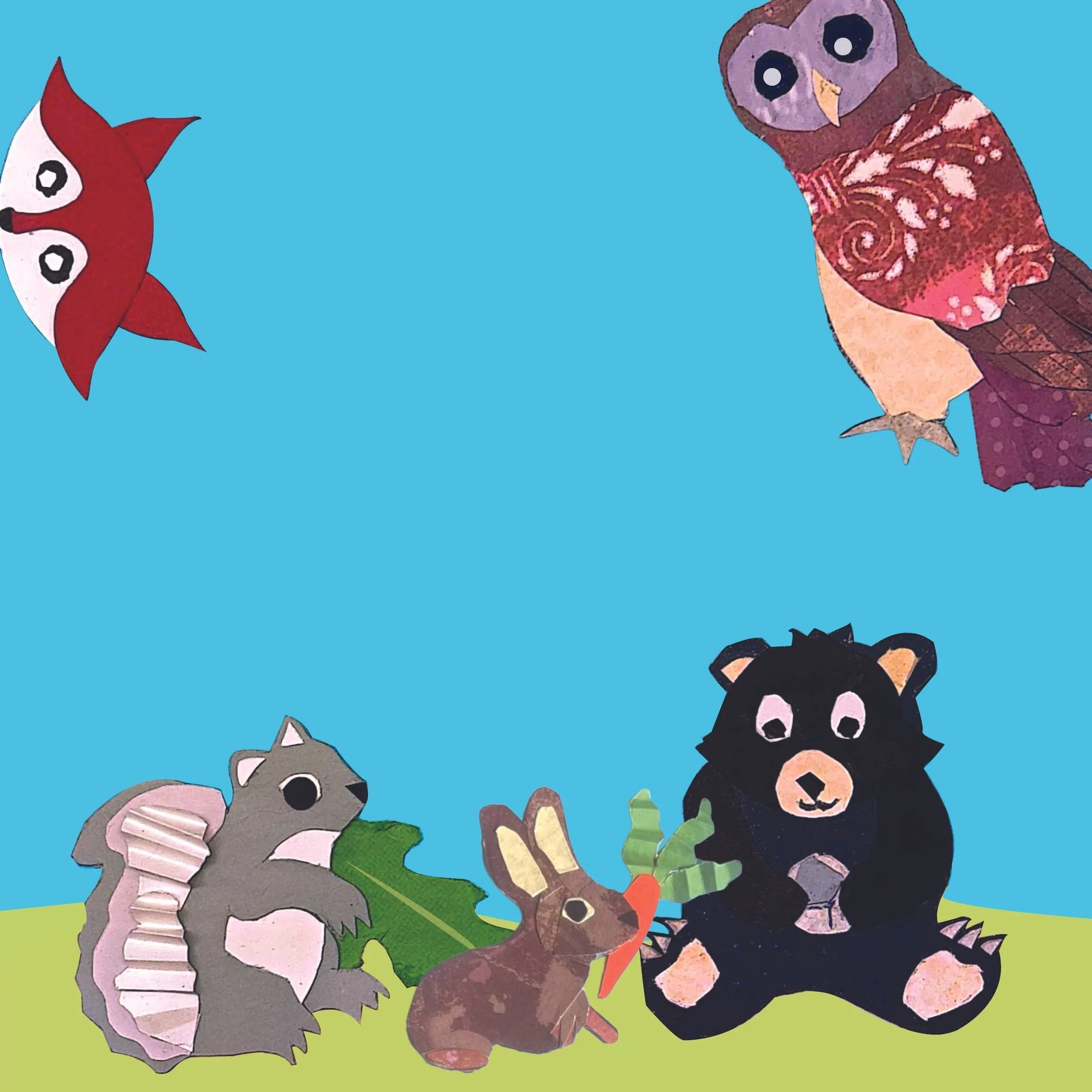 A group of illustrated animals, including a fish, owl, monkey, zebra, hippopotamus, giraffe, and bear, standing on a grassy field with a bright blue sky background.