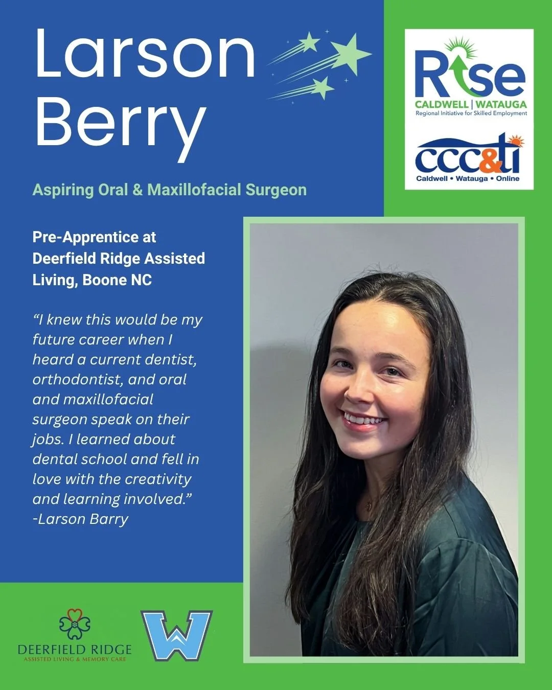 Celebrating the Month of RISE 🌟

Today we proudly recognize our Healthcare Pre-Apprentice Larson Berry, a senior at Watauga High School and proud member of the 2026 Spring Cohort!

Larson is currently working through her apprenticeship at Deerfield 