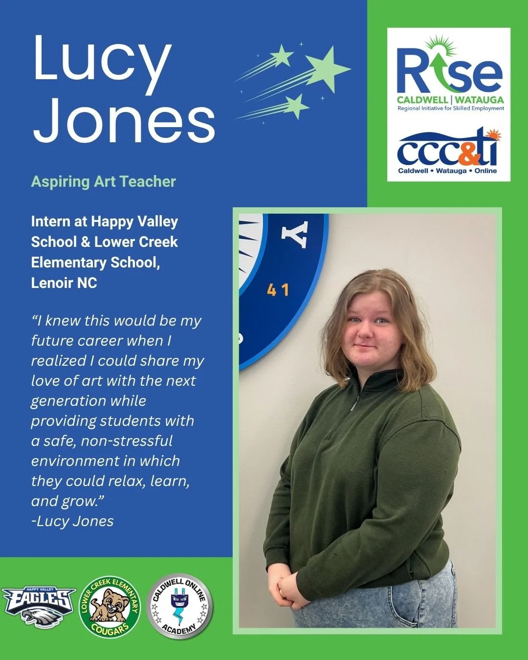 Celebrating the Month of RISE 🌟

Today we proudly recognize our Education Intern Lucy Jones, a junior at Caldwell Online Academy and a proud member of the 2026 Spring Cohort!

Lucy is gaining valuable hands-on experience through her internship at Ha