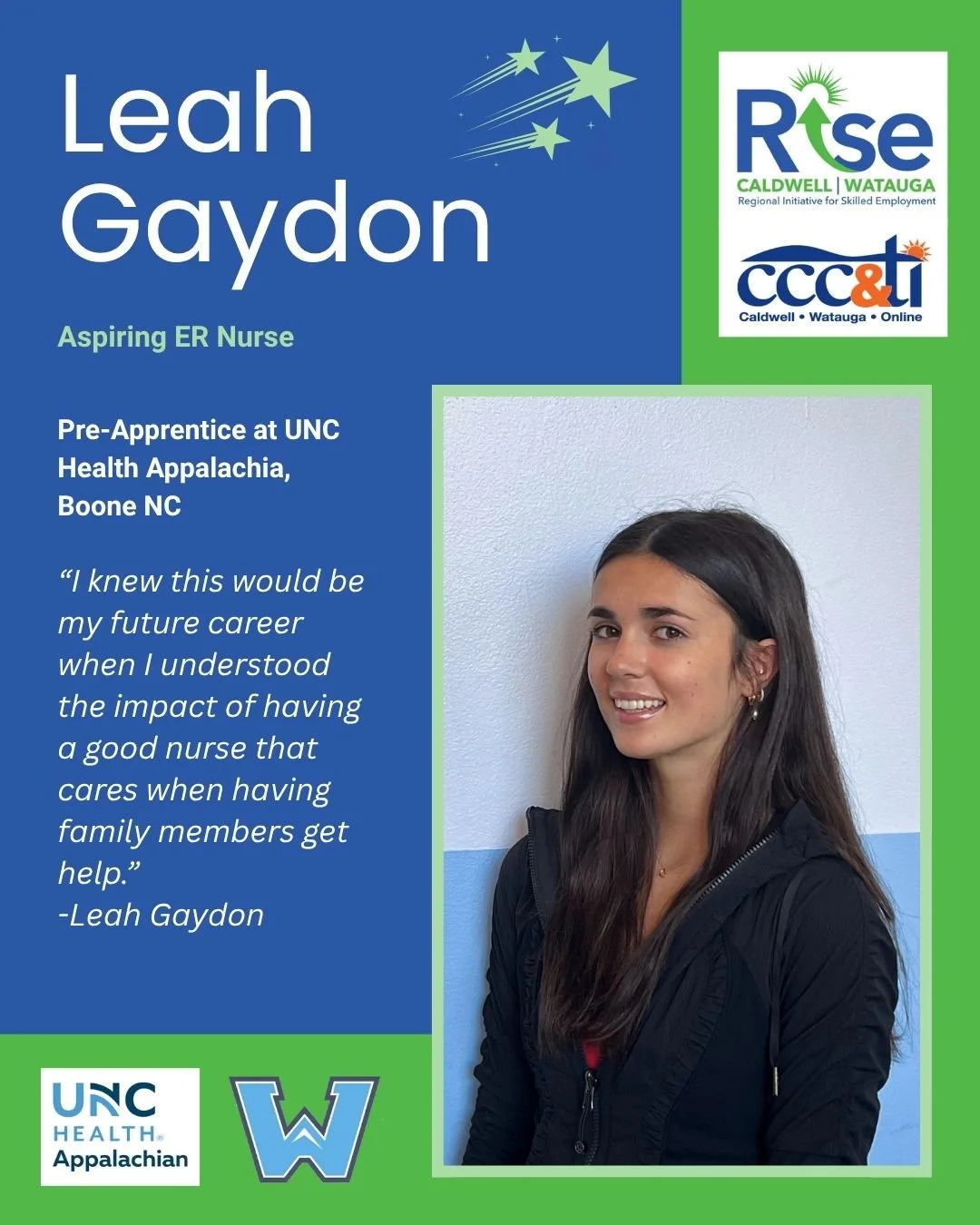 Celebrating the Month of RISE 🌟

Today we are proud to recognize our Healthcare Pre-Apprentice Leah Gaydon, a senior at Watauga High School and dedicated member of the 2026 Spring Cohort!

Leah is building real-world experience through her pre-appre