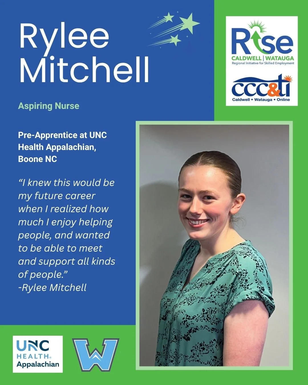 Celebrating the Month of RISE 🌟

Today we proudly recognize our Healthcare Pre-Apprentice Rylee Mitchell, a senior at Watauga High School and a proud member of the 2026 Spring Cohort!

Rylee is gaining valuable hands-on experience through her pre-ap