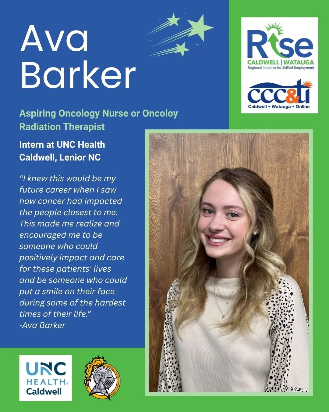 Celebrating the Month of RISE 🌟

Today we are proud to recognize our Healthcare Intern, Ava Barker, a junior at Caldwell Applied Science Academy and a valued member of our 2026 Spring Cohort!

Through her internship at UNC Health Caldwell, Ava is ga