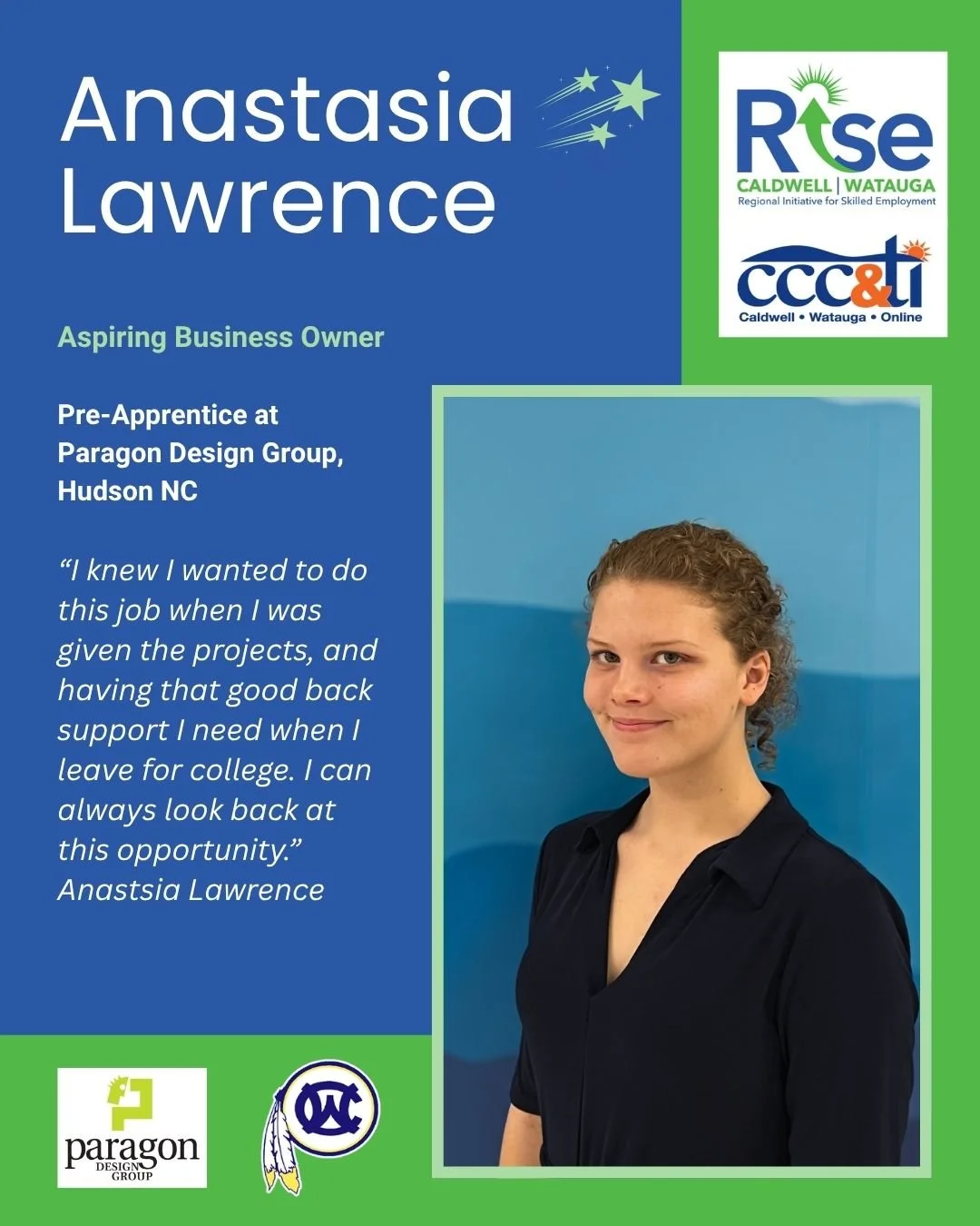 Celebrating the Month of RISE 🌟

Today we proudly recognize our Information Technology Pre-Apprentice, Anastasia Lawrence, a sophomore at West Caldwell High School and proud member of the 2026 Spring Cohort!

Through her pre-apprenticeship at Parago