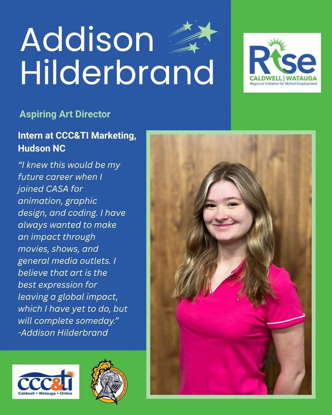 Celebrating the Month of RISE 🌟

Today we are proud to recognize our Digital Marketing Intern, Addison Hilderbrand, a junior at Caldwell Applied Science Academy and a dedicated member of our 2026 Spring Cohort!

Through her internship at CCCT&amp;I 