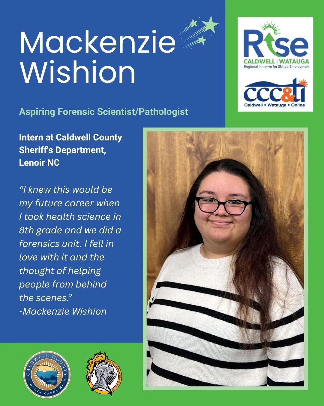 Celebrating the Month of RISE 🌟

Today we proudly recognize our Police Officer Intern, Mackenzie Wishion, a senior at Caldwell Applied Science Academy and a proud member of the 2026 Spring Cohort!

Mackenzie is gaining valuable hands-on experience t