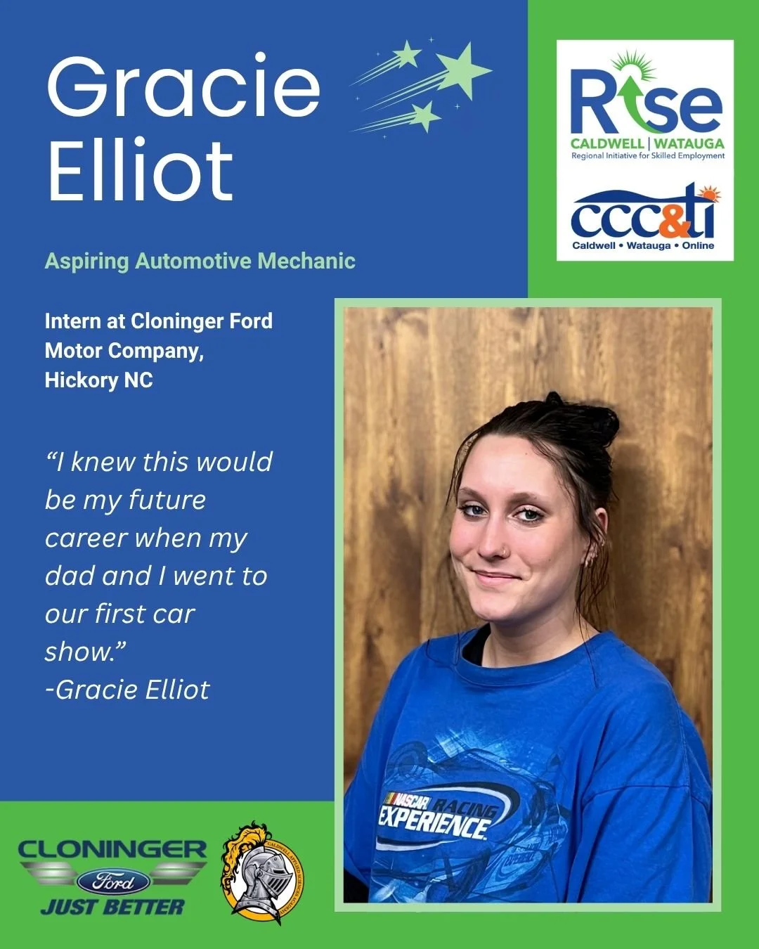 Celebrating the Month of RISE 🌟

Today we are proud to recognize our Automotive Tech Specialist Intern, Gracie Elliott, a senior at Caldwell Applied Science Academy and a valued member of our 2026 Spring Cohort!

Through her internship at Cloninger 