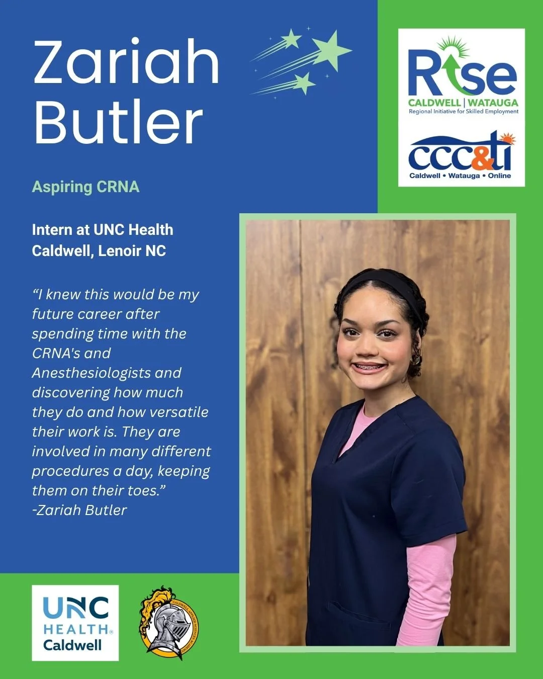 Celebrating the Month of RISE 🌟

Today we proudly recognize our Nursing Intern, Zariah Butler, a junior at Caldwell Applied Science Academy and a proud member of the 2026 Spring Cohort!

Zariah is gaining valuable hands-on experience through her int