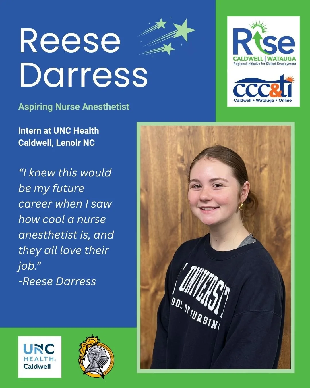 Celebrating the Month of RISE 🌟

Today we proudly recognize our Nursing Intern, Reese Darress, a junior at Caldwell Applied Science Academy and a proud member of the 2026 Spring Cohort!

Reese is gaining valuable hands-on experience through her inte