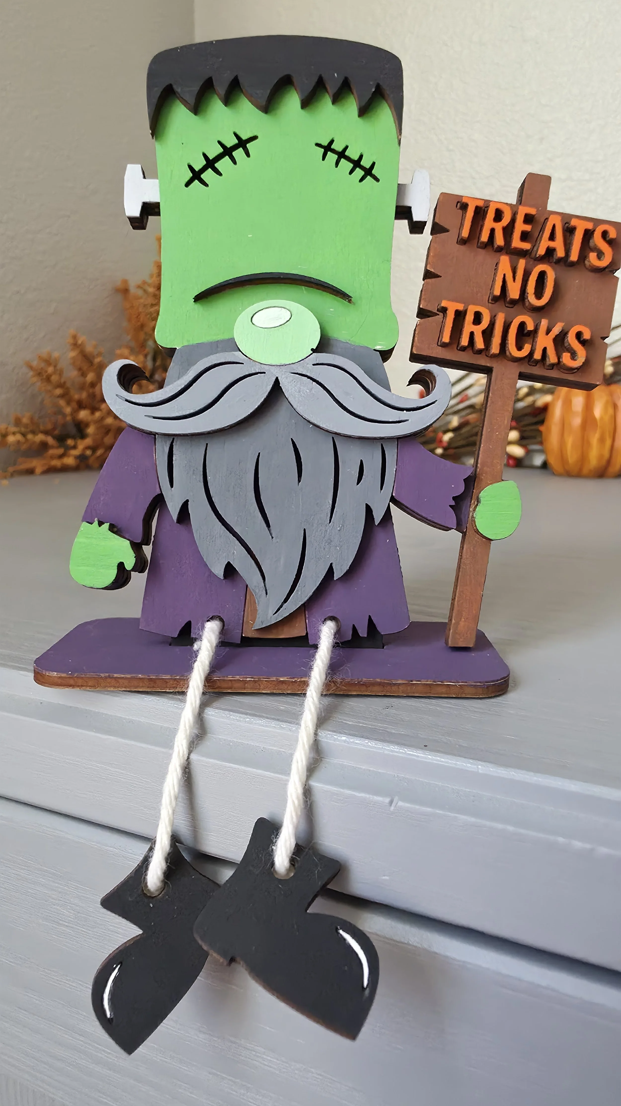 Frankenstein Gnome "Treats No Tricks" Mantel Sign