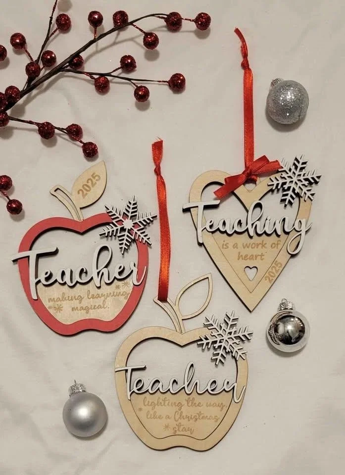 Handmade Teacher Christmas Ornament | Apple or Heart-Shaped Wood Keepsake