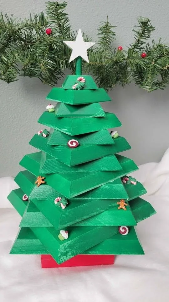 Handcrafted Tiered Wooden Christmas Tree (16") | Green and Red Holiday Decor