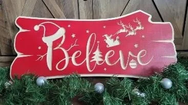 Handmade Wooden "Believe" Christmas Sign | Red Painted Rustic Decor
