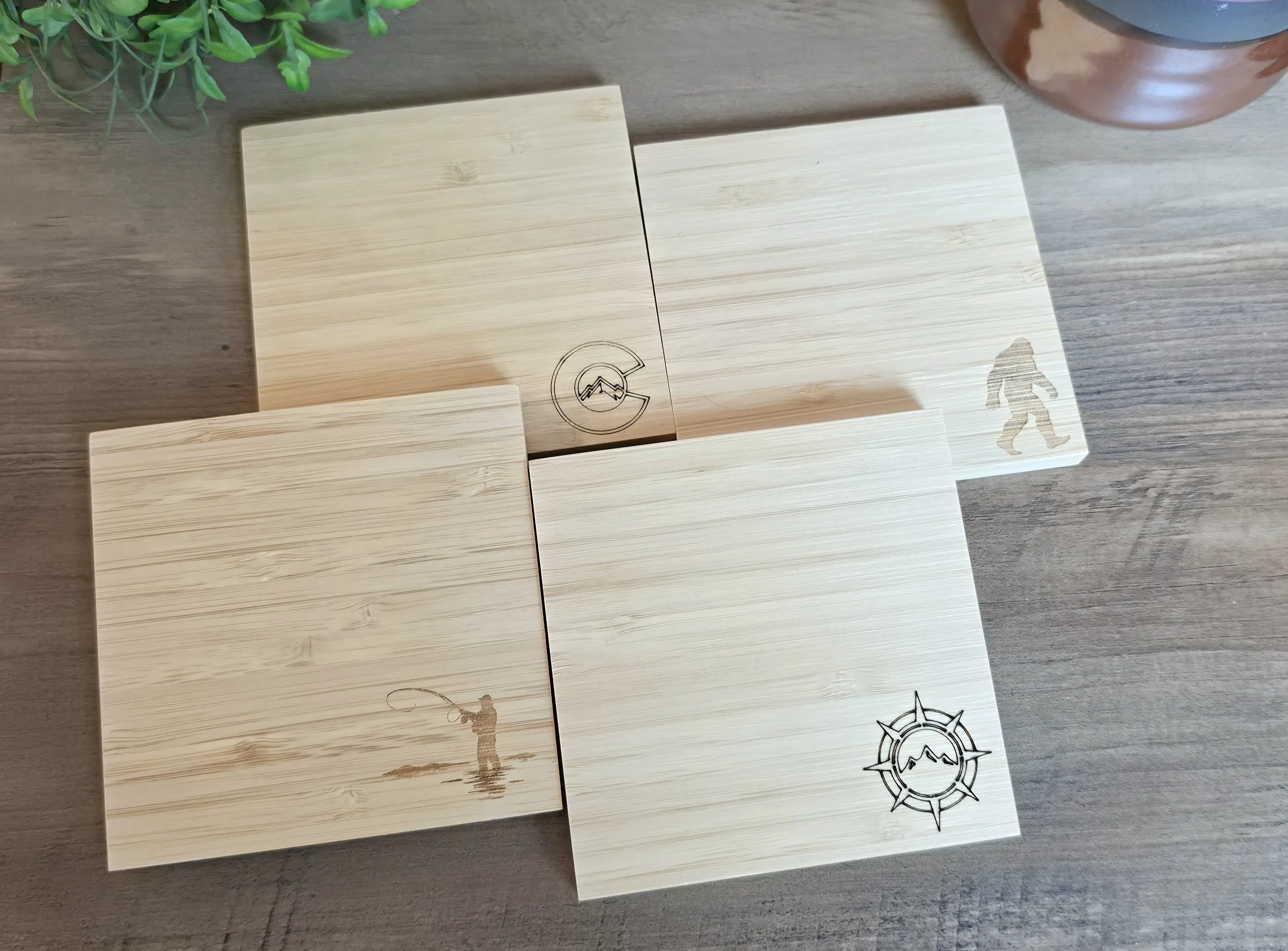 Bamboo Coasters with Holder, Set of 4, Colorado and Outdoor Icons