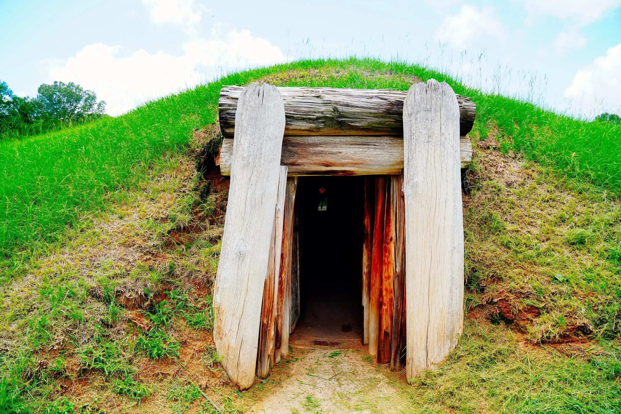 An old wooden entrance to a burial mound or ancient tomb, with a grassy hillside surrounding it and a partly cloudy sky overhead.