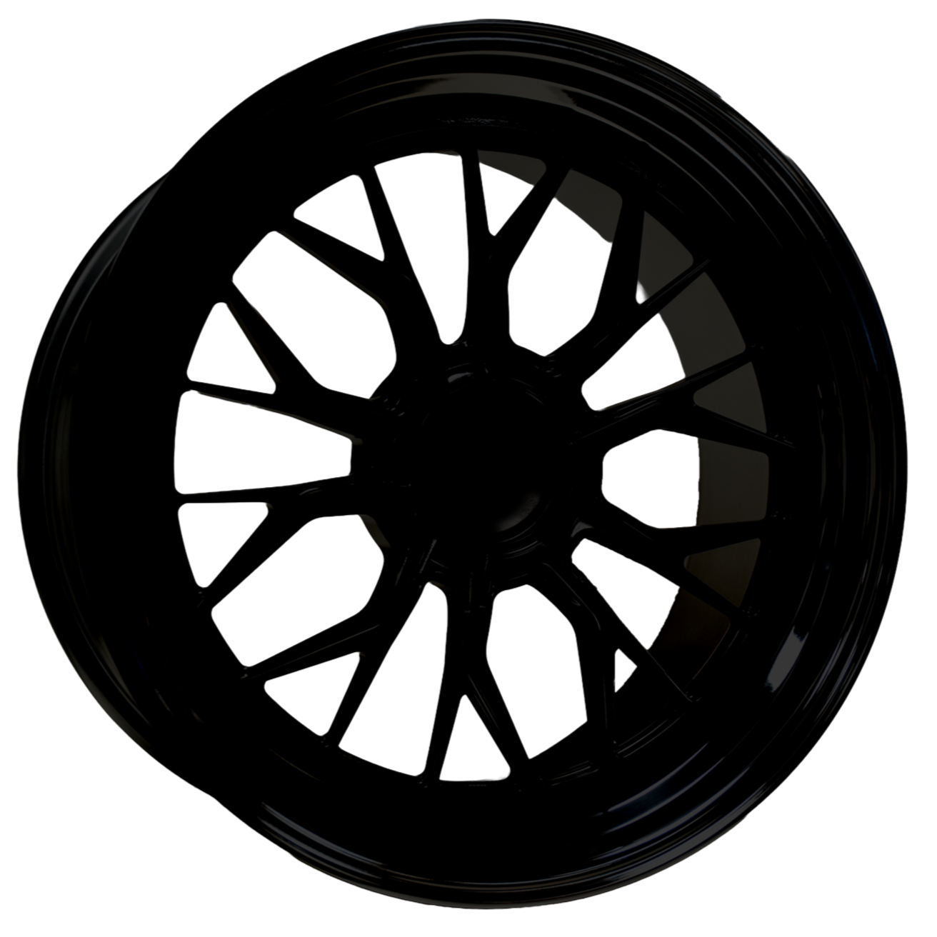 Black car wheel rim with a multi-spoke design against a white background.