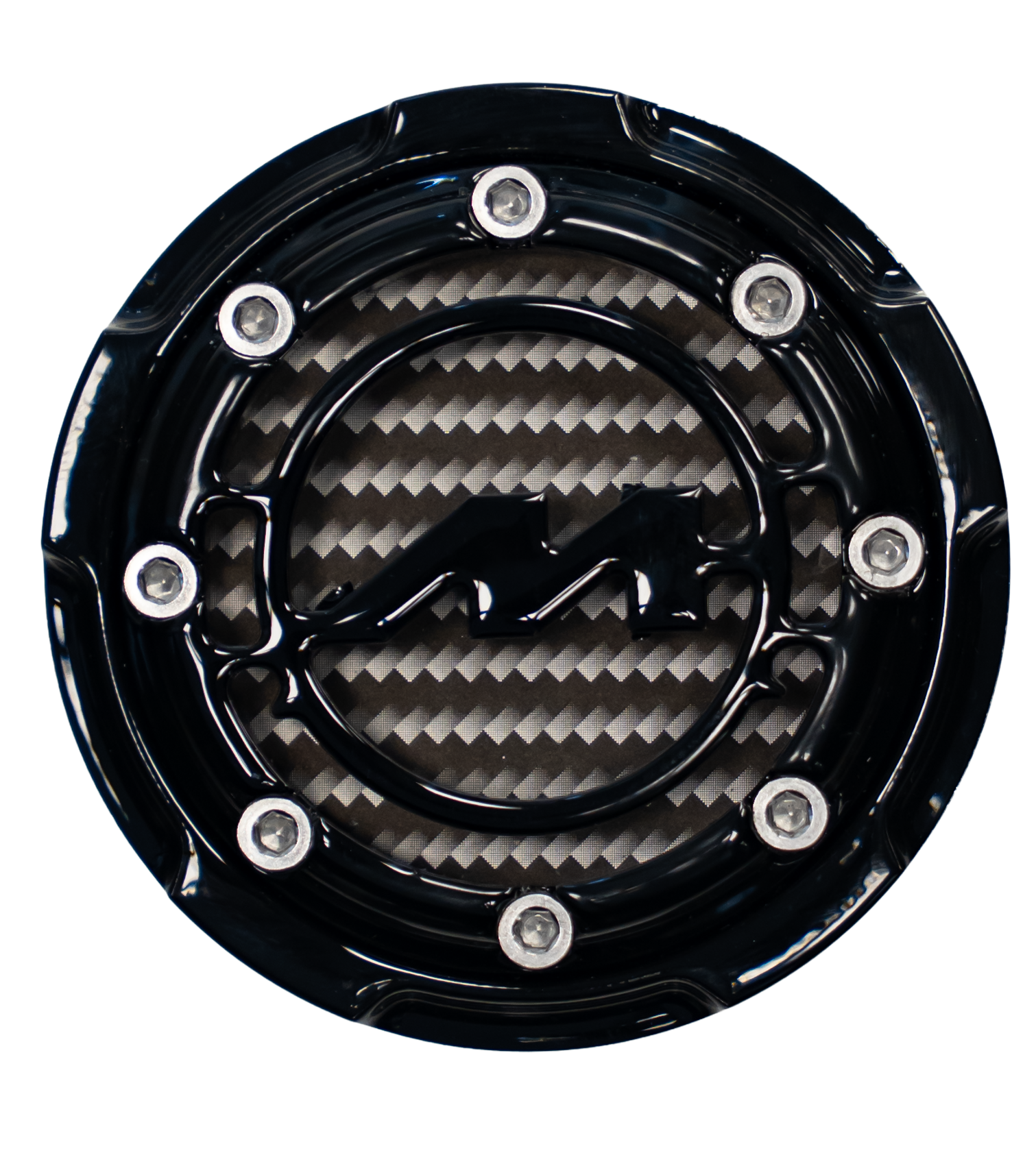 Close-up of a black circular object with a carbon fiber background, metal screws, and a logo resembling a stylized bird.