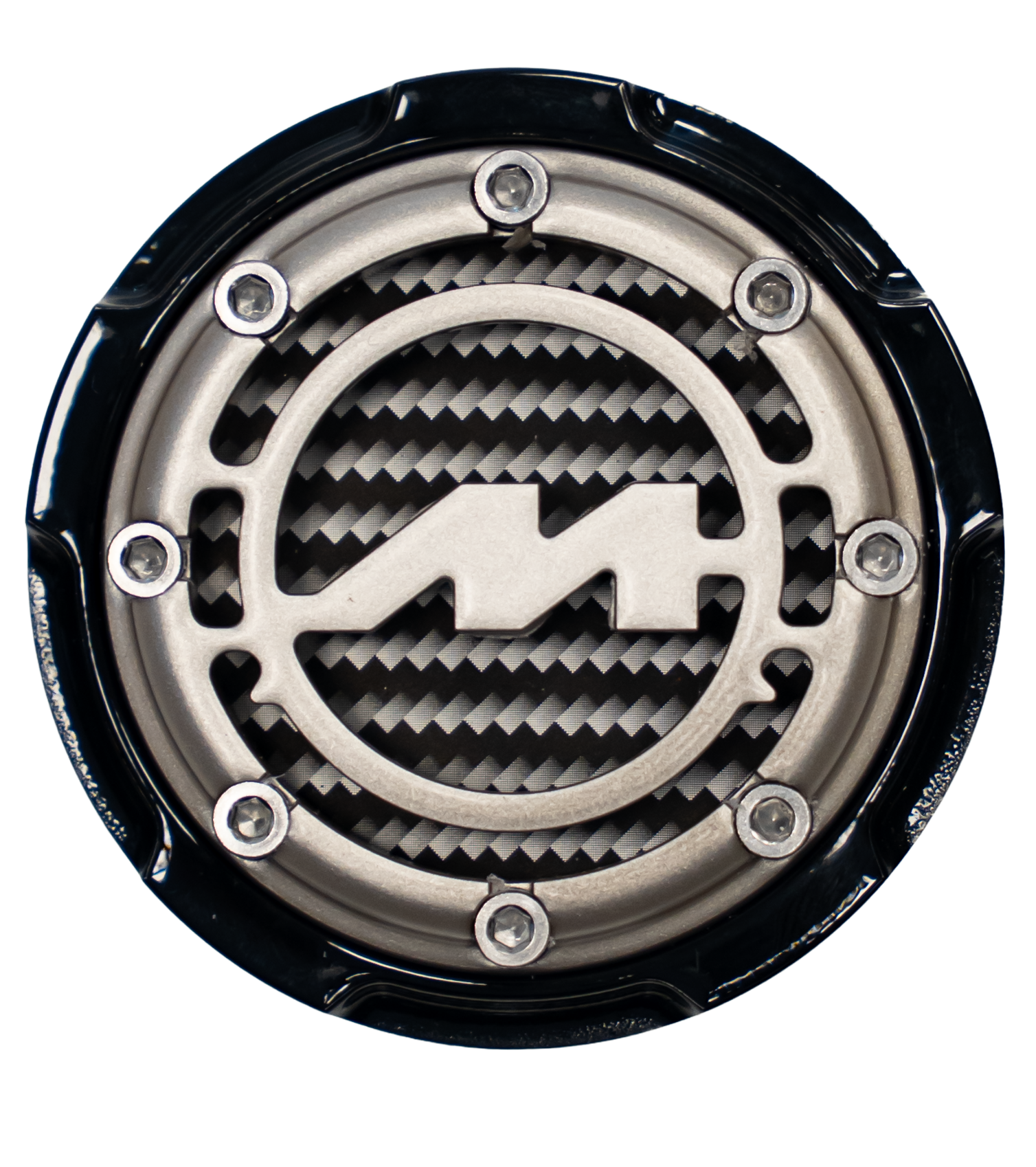 A close-up of a circular electronic device or component, featuring a metal grill with a lightning bolt symbol inside a circle, secured with several screws.