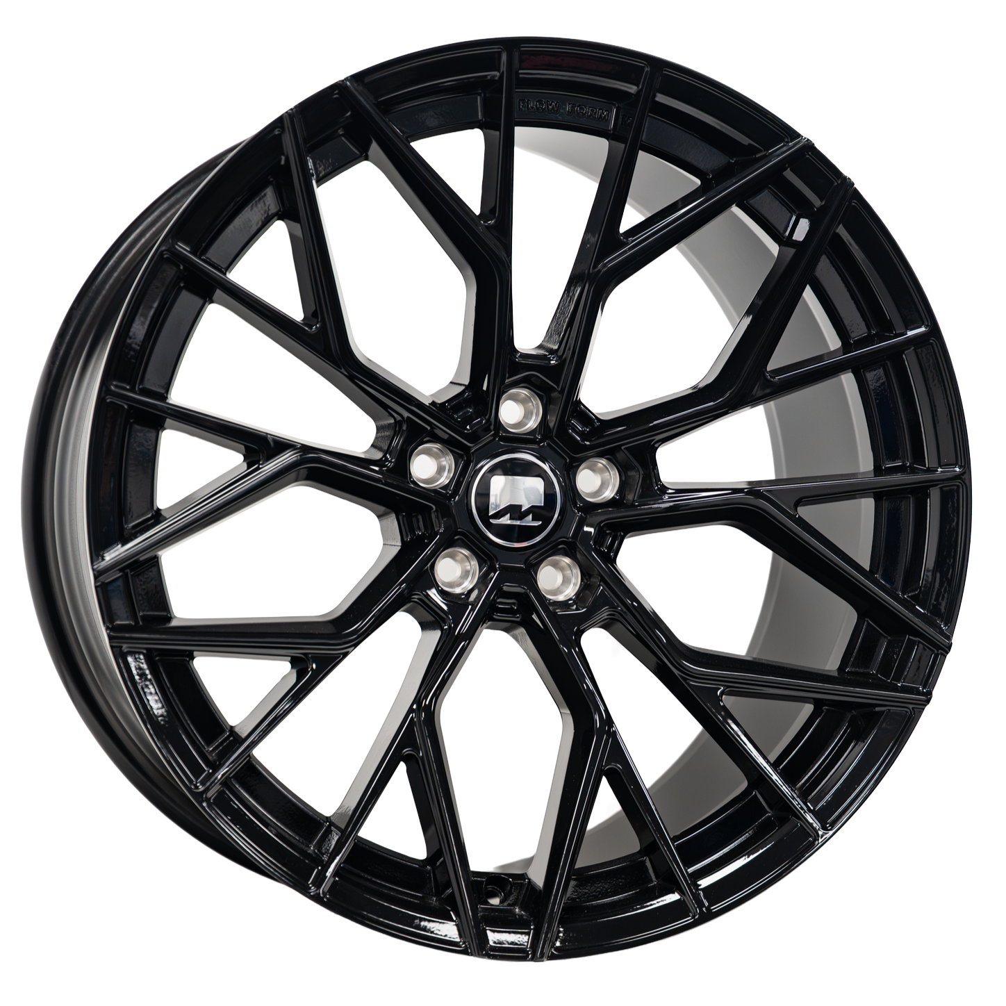 A black, multi-spoke car wheel rim with a glossy finish and a central lug nut hole.