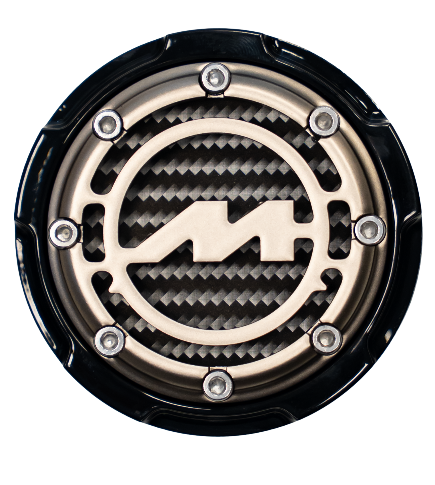Close-up of a circular device with a lightning bolt symbol inside a circle, mounted on a carbon fiber background, secured with six screws.