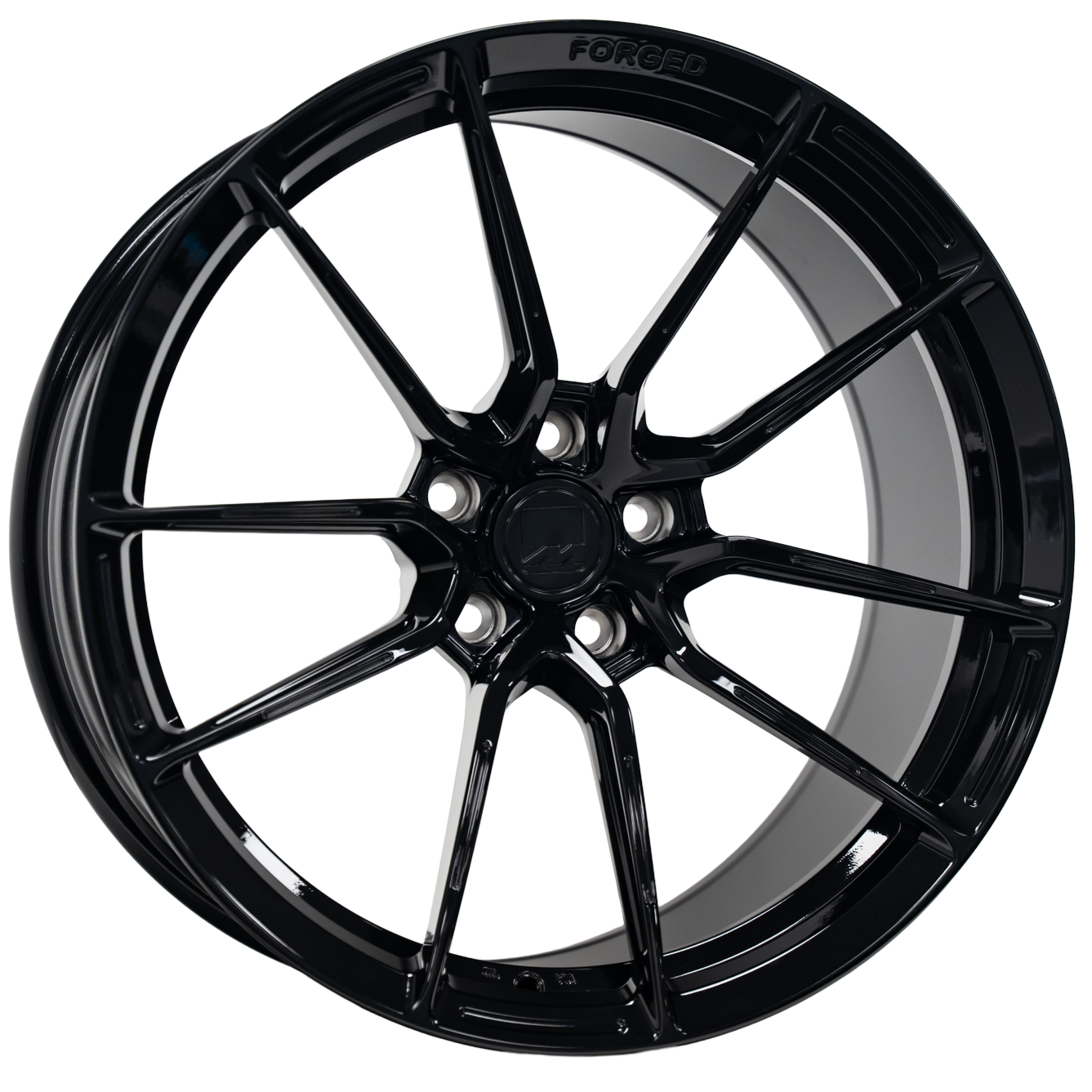 Black car wheel rim with multiple spokes and a central hub