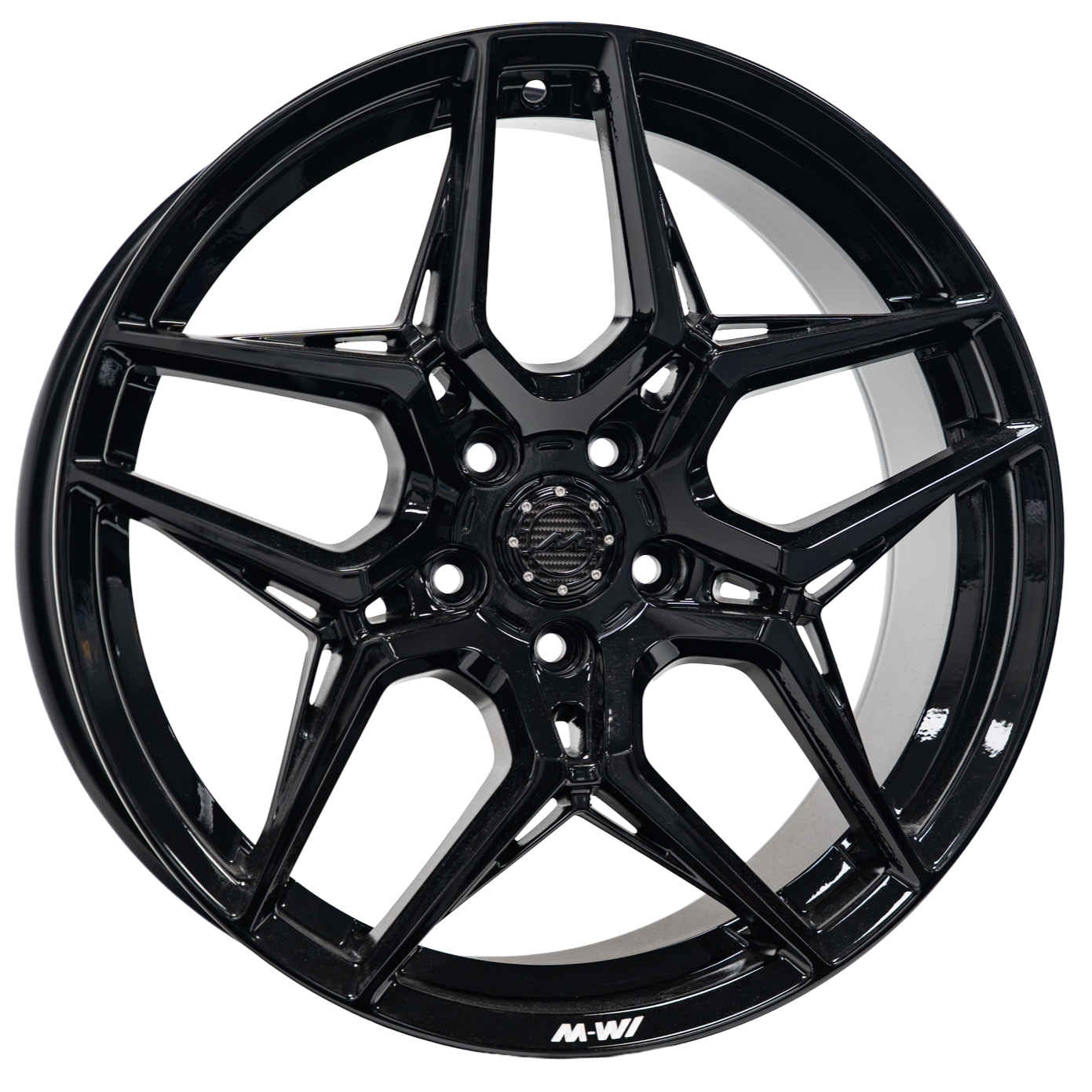 Black multi-spoke alloy car wheel rim with a central hub.
