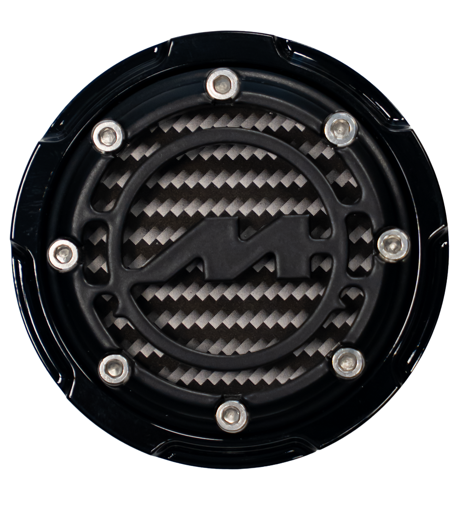 A close-up of a round exhaust pipe with a black plastic cover and metal screws, featuring a lightning bolt symbol.