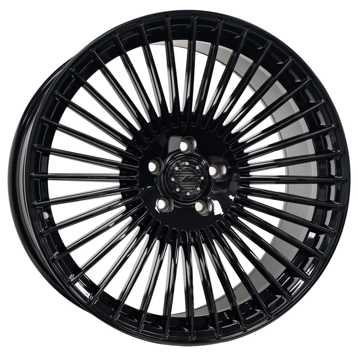 A black alloy car wheel with a multi-spoke design and a central hub.