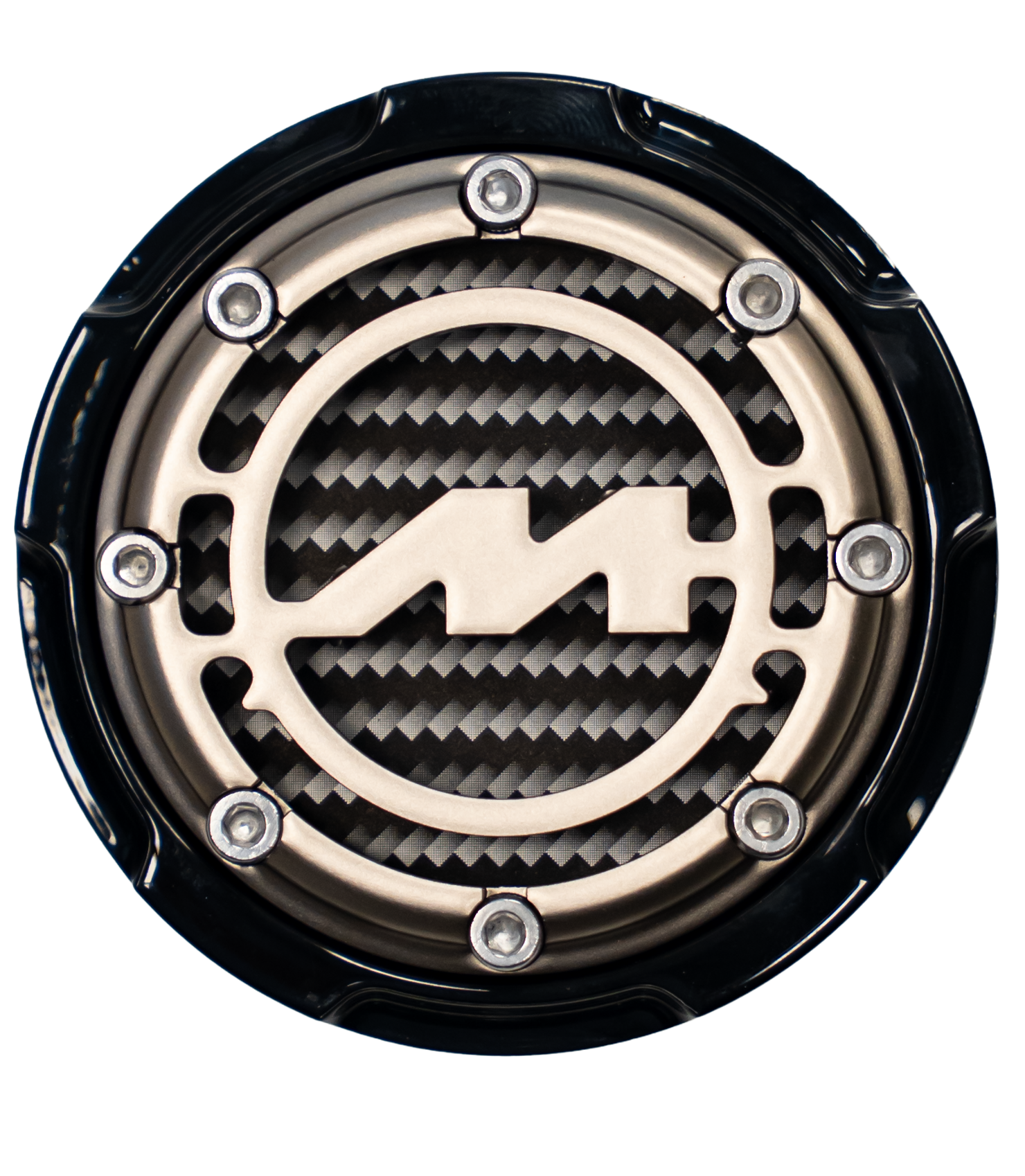 Close-up of a motorcycle gas cap with a lightning bolt logo, mounted on a carbon fiber background, secured with six screws.