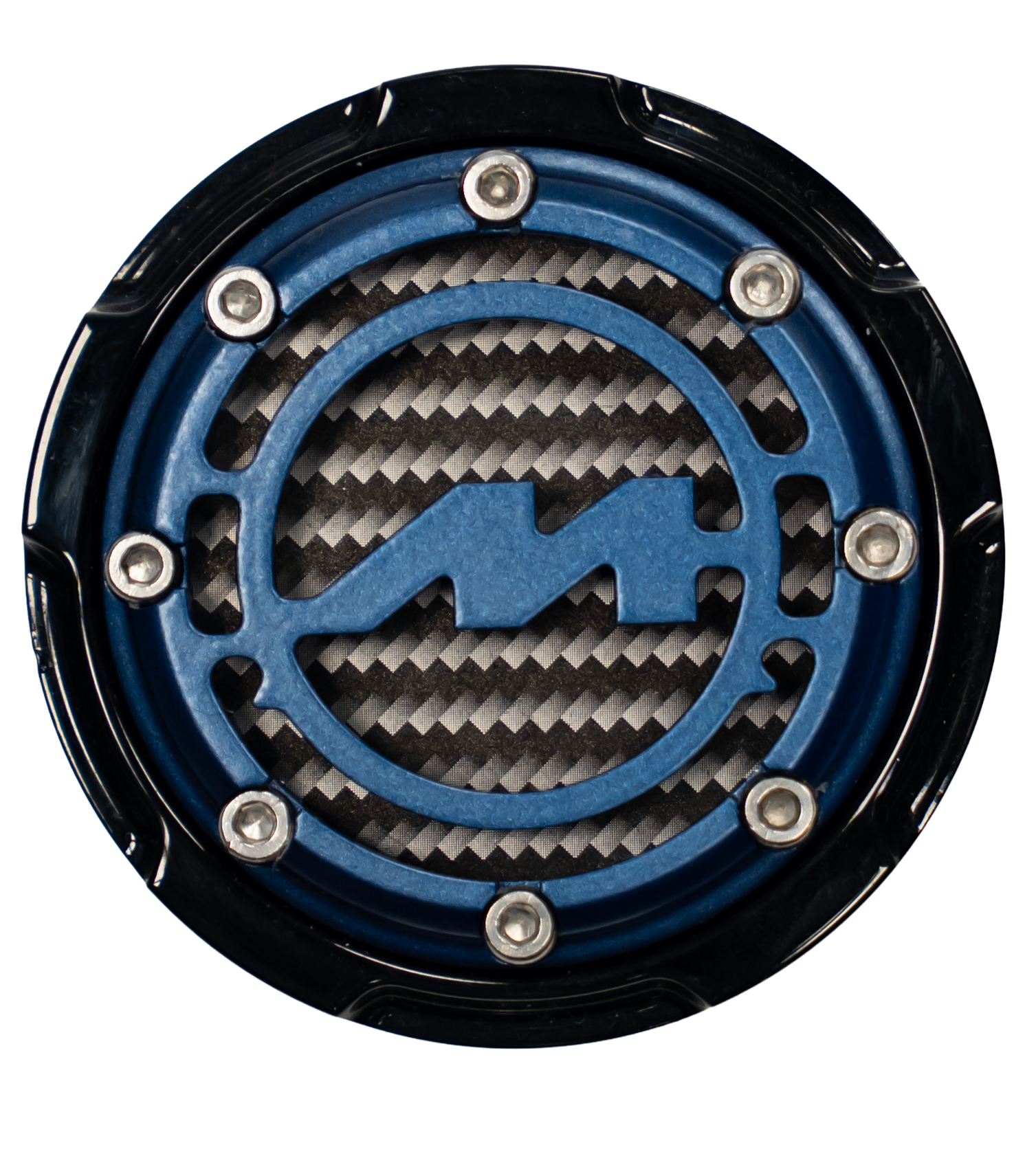 A close-up of a car's exhaust tailpipe with a logo featuring a factory silhouette inside a circle.