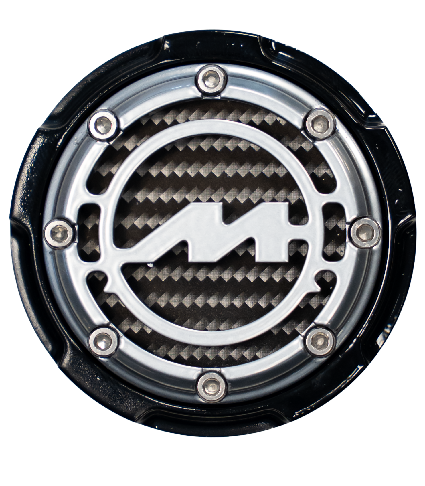 Close-up of a metallic bolt cap with a logo of a stylized lightning bolt inside an oval, set against a textured carbon fiber background.