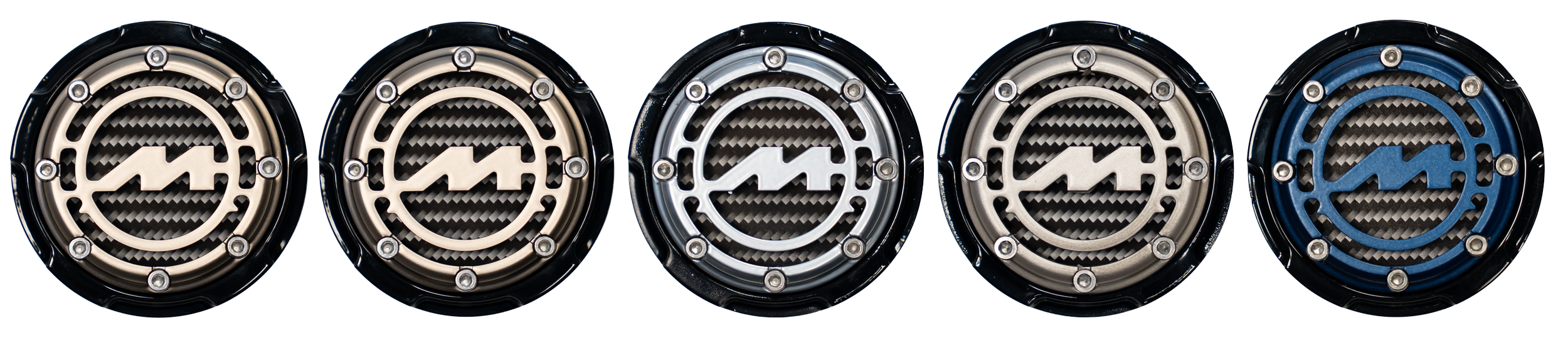 Five round speaker grilles with a sport logo design, each with different color accents, arranged in a row on a light background.