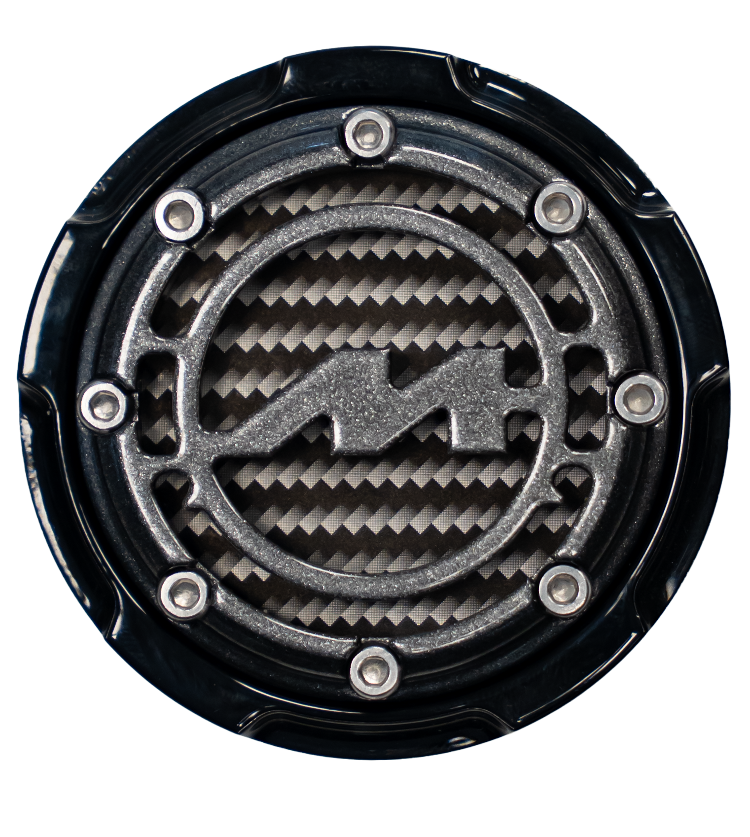 A close-up of a car speaker with a lightning bolt logo on the grille, surrounded by a black frame.