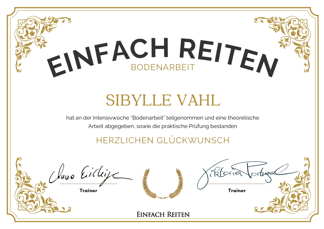 Certificate of achievement in soil work from Einfach Reiten, awarded to Sibylle Vahl, with decorative gold floral borders and signatures.